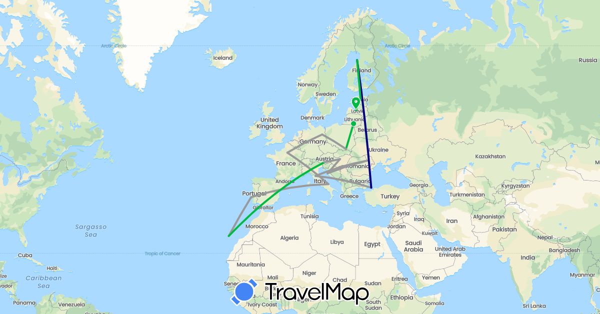 TravelMap itinerary: driving, bus, plane in Austria, Germany, Estonia, Spain, Finland, France, Croatia, Hungary, Italy, Lithuania, Latvia, Poland, Portugal, Romania, Turkey (Asia, Europe)